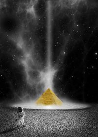 某科幻悬疑剧封面，宇宙星空背景下一名宇航员面对深邃黑洞，画面蓝紫色调神秘感强